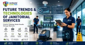 Future trends and technologies in janitorial services featuring smart cleaning equipment, robotic floor cleaner, digital inspections, real-time reporting, and data-driven commercial cleaning management by Janitorial Leads Hub.